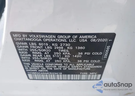 2021 Volkswagen Atlas 3.6L V6 Sel z USA, uszkodzony, nr VIN 1V2BR2CA5MC523418